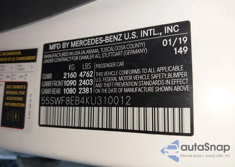 2019 Mercedes-Benz C 300 4Matic z USA, uszkodzony, nr VIN 55SWF8EB4KU310012